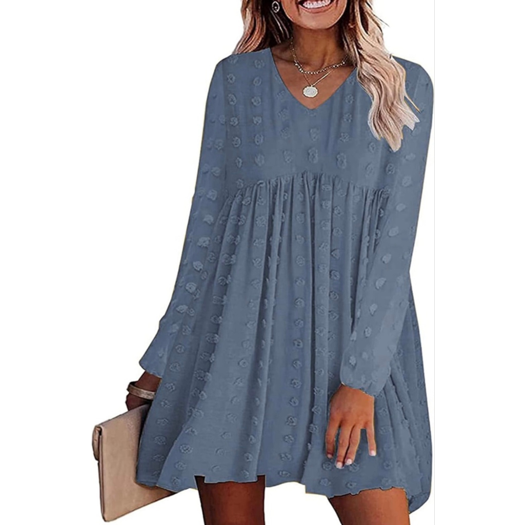 New Blue Swiss Dot Long Sleeve Mini V Neck Flowy Babydoll Dress Xl
